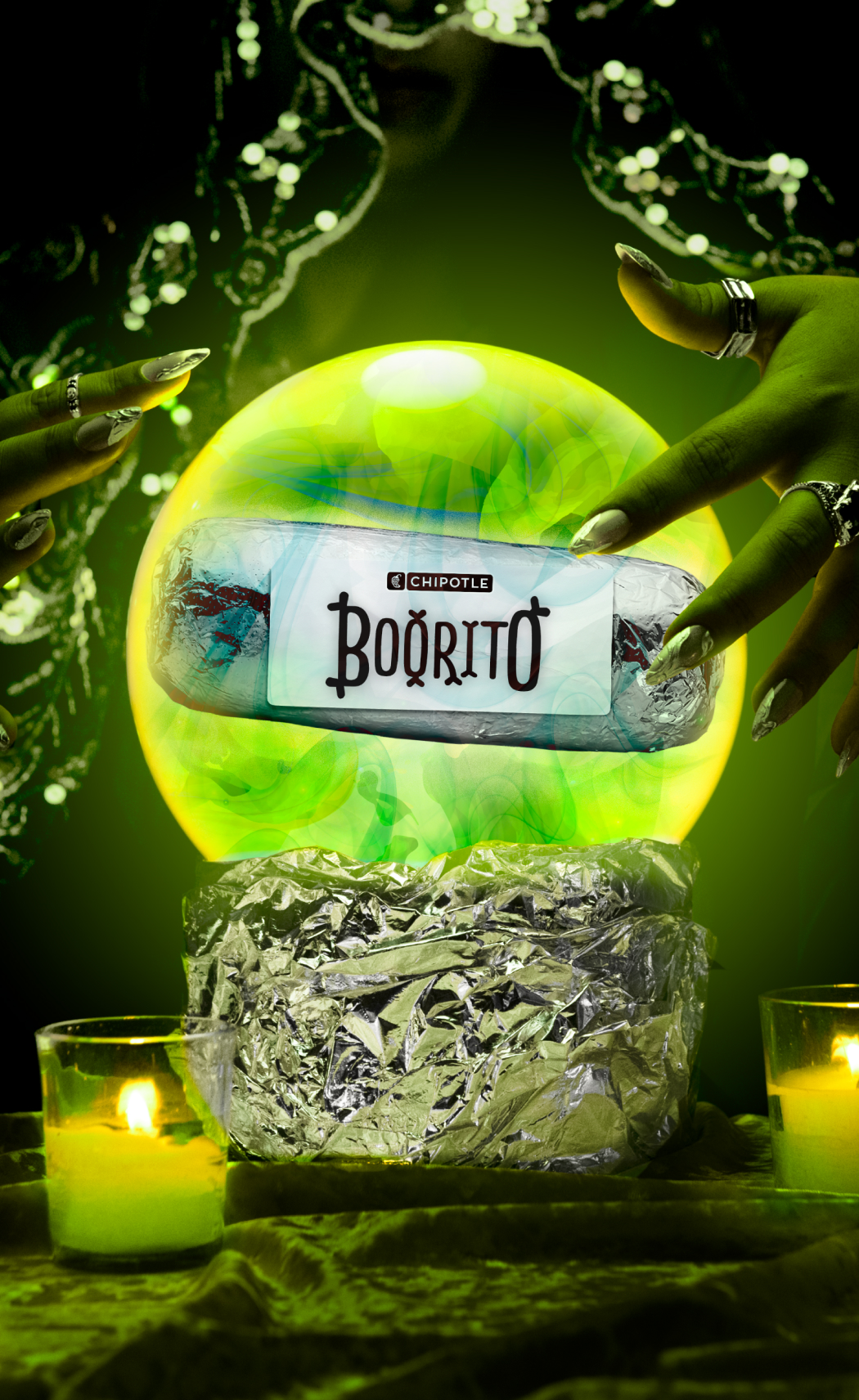 A Chipotle Boorito floats inside a crystal ball.